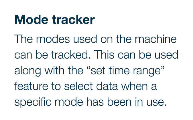 Mode tracker The modes used on the machine can be tracked  This can be used along with the  set time range  feature t   
