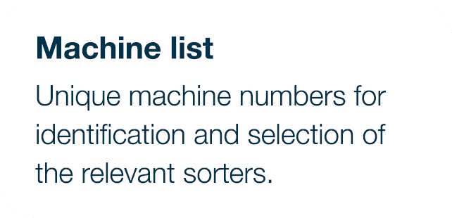 Machine list Unique machine numbers for identification and selection of the relevant sorters 