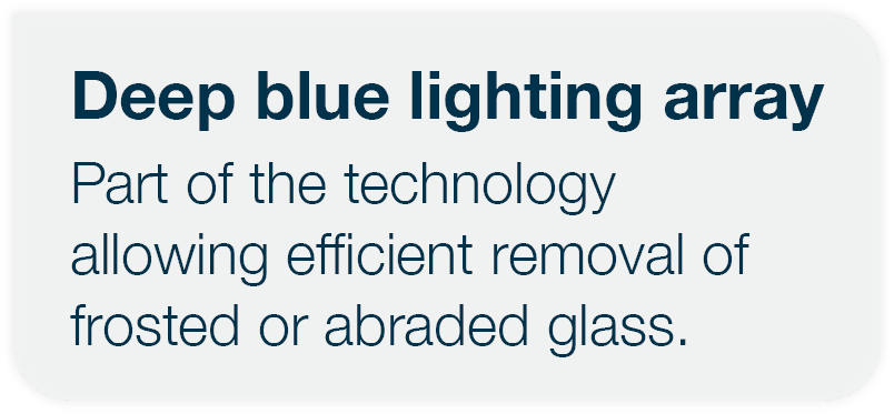 Deep blue lighting array Part of the technology allowing efficient removal of frosted or abraded glass 