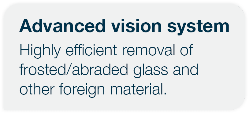 Advanced vision system Highly efficient removal of frosted abraded glass and other foreign material 